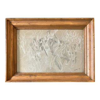 1940’s Original Charcoal & Chalk Abstract Modernist Nude Figure Scene Crowd Vintage Wormwood Frame Signed For Sale