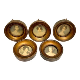 Vintage Midcentury Collection of Whimsical Framed Female Portraits, Set of Five For Sale