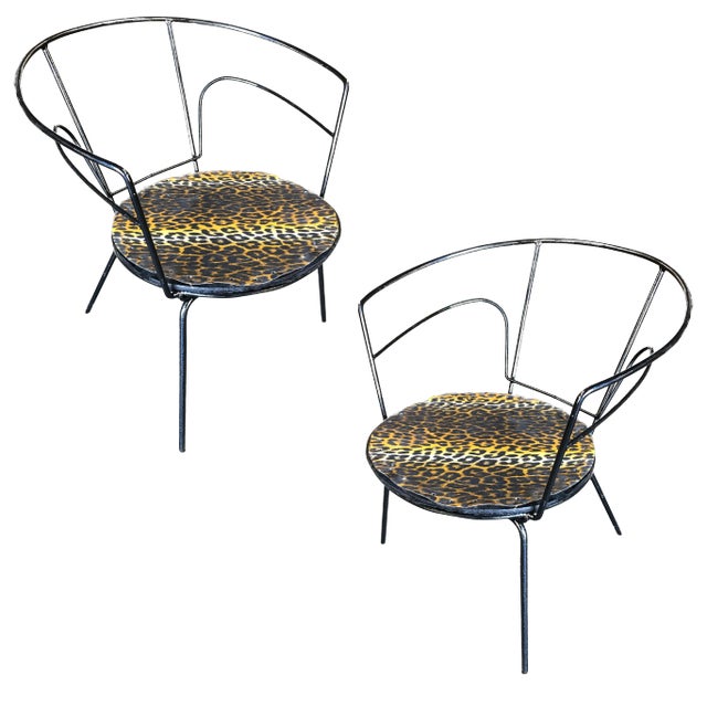 Atomic Age Iron Wire Side Armchair W/ Leopard Print Seat, Pair For Sale