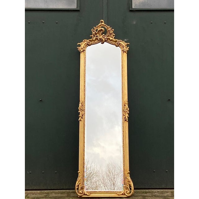 1970s French Baroque Rococo Gold Wood Floor Mirror For Sale - Image 6 of 18
