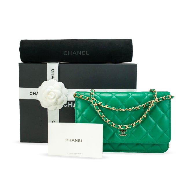 Chanel Classic Quilted Green Lambskin Wallet on Chain With Gold Hardware Bag For Sale - Image 14 of 16