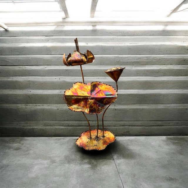 Vintage Brutalist Welded Metal Lotus Flower Sculpture Iridescent Torch Patina Lily Pad Art 18” For Sale In Dallas - Image 6 of 7