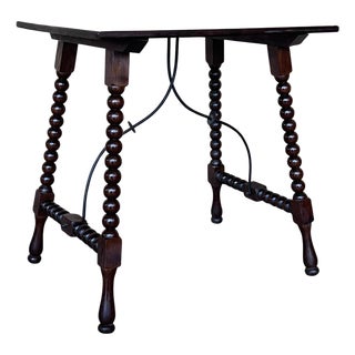 19th Spanish Side Table with Cared Turned Legs and Iron Stretcher For Sale