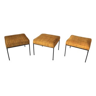 1950s Upholstered Wrought Iron Based Stools Attributed to Paul McCobb - Set of Three For Sale