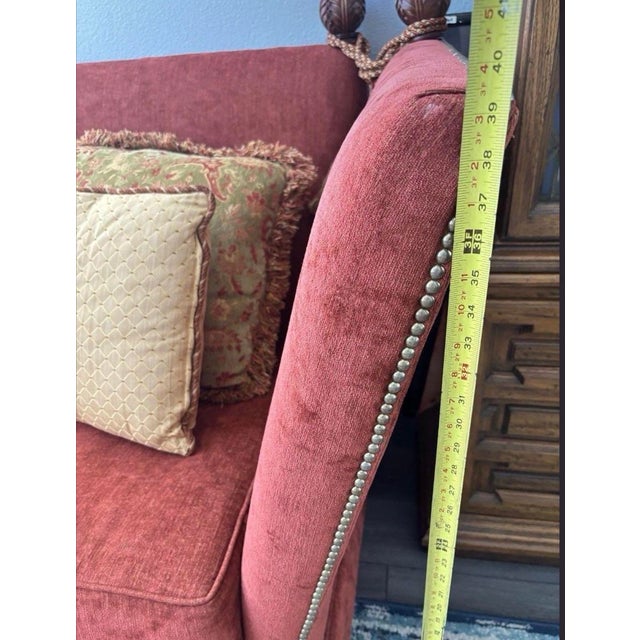 1970s Vintage Rust Red Wingback Settee Sofa With Nailhead Trim & Carved Finials For Sale - Image 5 of 12