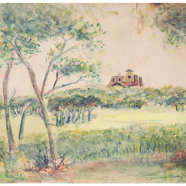 Rustic European Small Antique Plein Air Manor House Watercolor Study Distressed Painting For Sale - Image 3 of 3