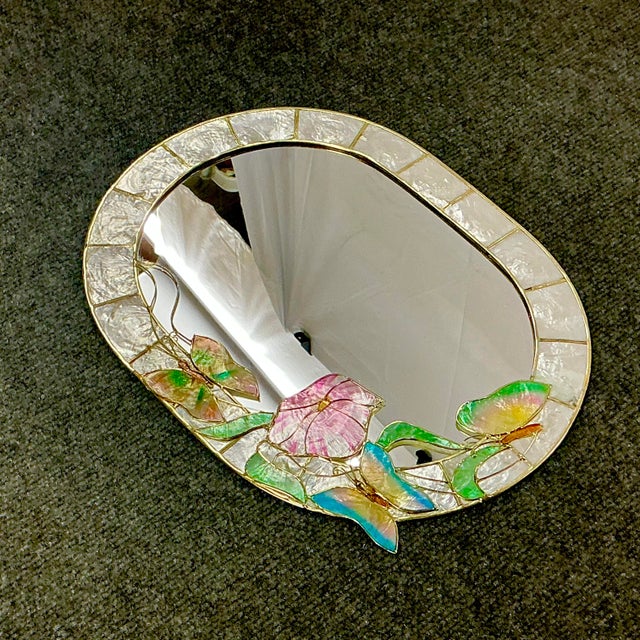1980s Coastal Boho Chic Capiz Shell Wall Mirror With Butterflies & Morning Glory For Sale - Image 11 of 12
