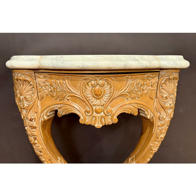 French Mid 20th Century Louis XV Style Hand Carved Beechwood Console With Carrara White Marble Top For Sale - Image 3 of 9