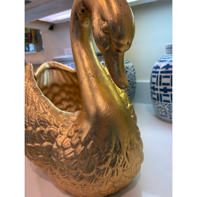 Large Hand Gilded Ceramic Swan Centerpiece Bowl Cachepot in Distressed Gold Leaf Finish For Sale - Image 12 of 16