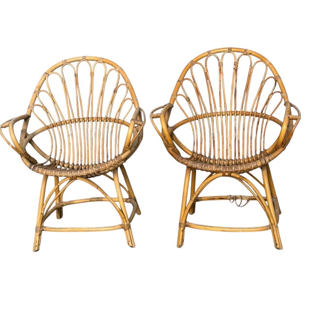 Set of 2 Magnificent Mid-Century French Bamboo and Rattan Lounge Chairs This set of two mid-century French lounge chairs...
