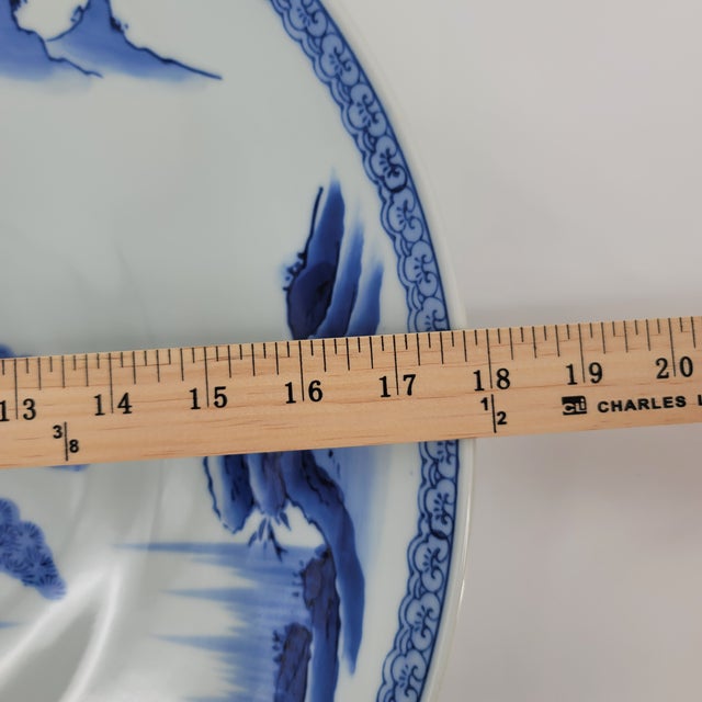 Vintage Japanese Imari Style 18" Charger - Blue & White Sansui Scenery With Stand For Sale - Image 9 of 10
