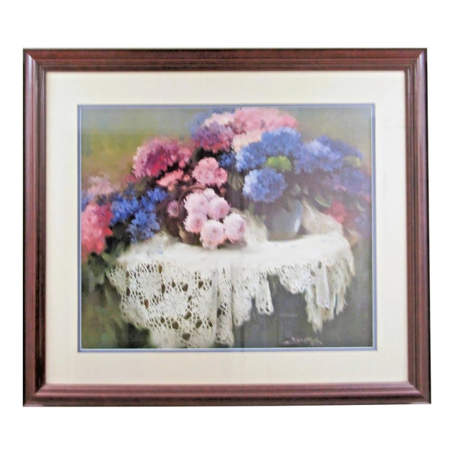 1990s Joyce Birkenstock Hydrangea on Table With Lace Painting Print Matted and Framed For Sale