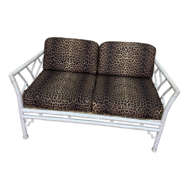 Mid 20th Century Vintage Faux Bamboo Iron Chinoiserie Loveseat Settee With Leopard Print Cushions For Sale