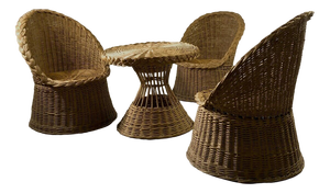 Rattan Chairs & Coffee Table, France, 1950s, Set of 4
