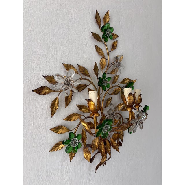 Maison Baguès Style 3 Lights Green Crystal Flowers Tole Bow Sconces, Circa 1940 For Sale - Image 10 of 13