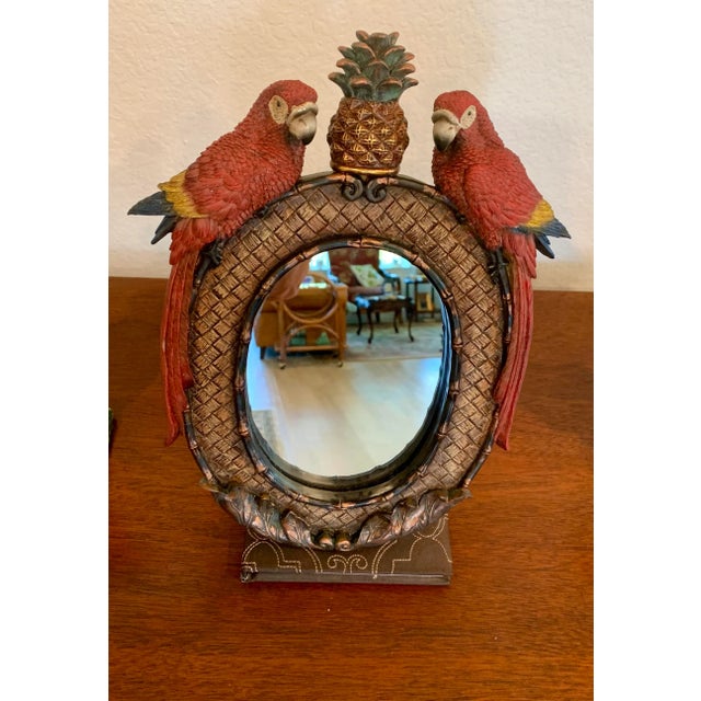 Whimsical Mirror with Colorful Parrots. Can be used on a tabletop or hung on the wall.