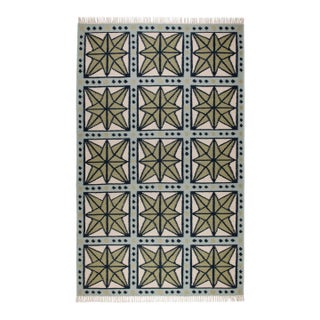 Part & Parcel Goods Wool Star Rug, 2’6” x 12', Sage, Navy, Sky Blue and Eggshell For Sale