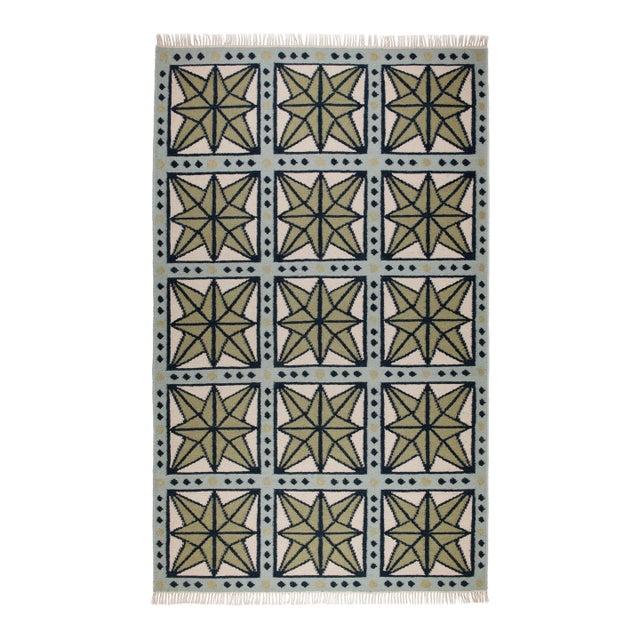 Part & Parcel Goods Wool Star Rug, 2’6” x 12', Sage, Navy, Sky Blue and Eggshell For Sale