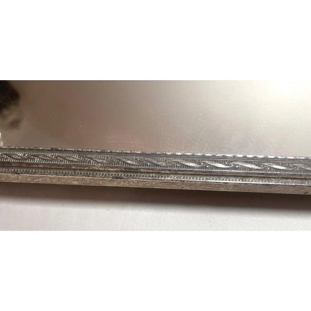 1930s Antique Silver-Plate Rectangle Foo Vanity Filigree Jewelry Vanity Mirror Tray For Sale - Image 5 of 9