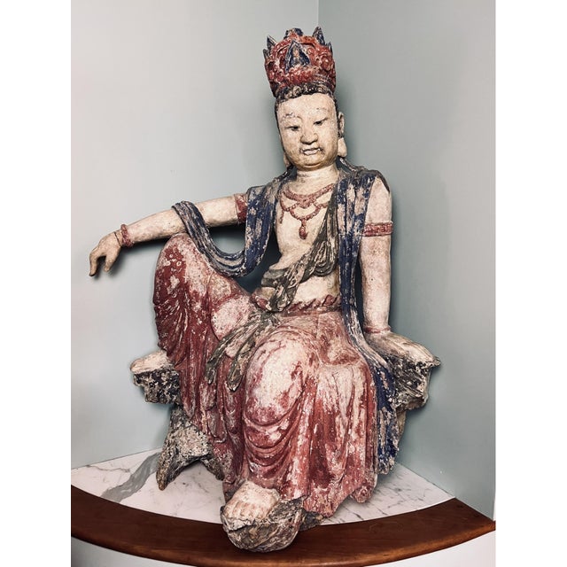 18th Century 18th Century Monumental Chinese Polychromed Seated Guanyin Statute For Sale - Image 5 of 11