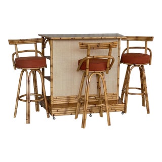 Vintage Coastal Mid-Century Modern Bamboo Bar & Matching Three Barstools For Sale