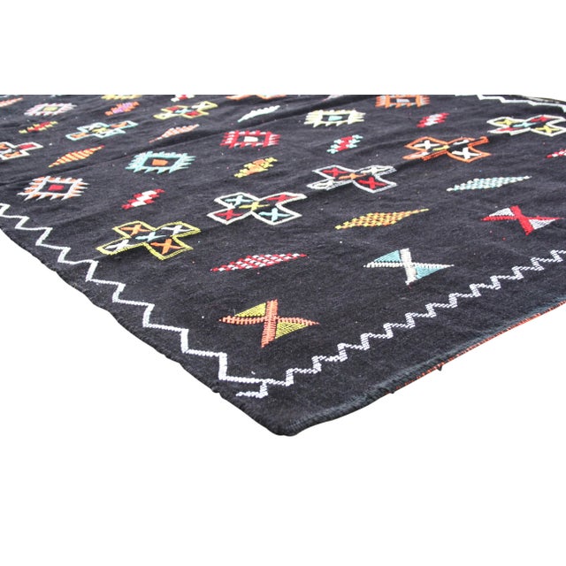 One-of-a-kind handwoven Moroccan flat-weave wool and silk rug, featuring an elegant rhythmic pattern of geometric shapes,...