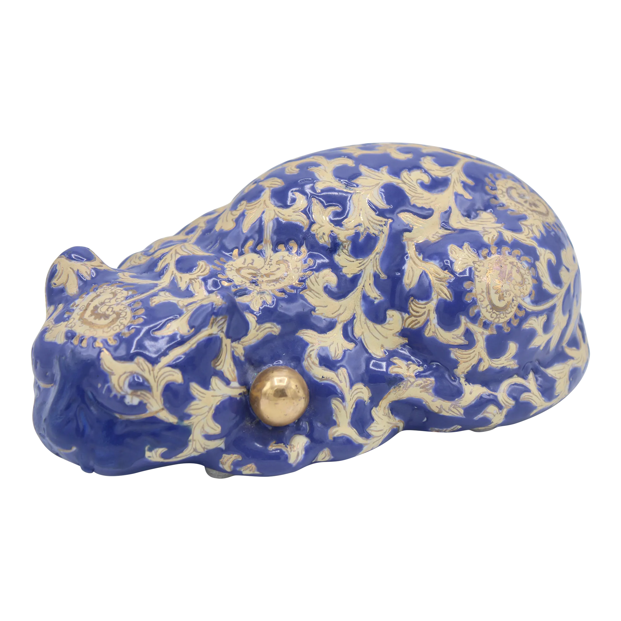 Vintage Asian Blue and Gold Ceramic Sleeping Cat | Chairish