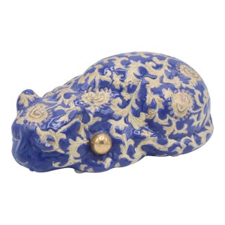 Vintage Asian Blue and Gold Ceramic Sleeping Cat For Sale