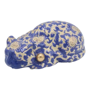 Vintage Asian Blue and Gold Ceramic Sleeping Cat