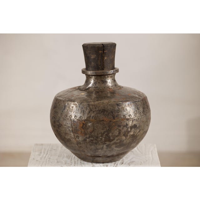 Vintage Indian Hammered Metal Water Vessel with Wooden Stopper For Sale - Image 13 of 13
