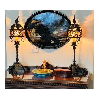 Antique Oscar Bach Wrought Iron Table Lamps With Mica Shades a Pair For Sale