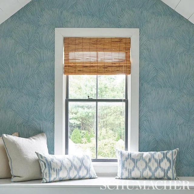 Art Deco Schumacher Fondale Wallpaper in Aqua - 9 Yards For Sale - Image 3 of 4