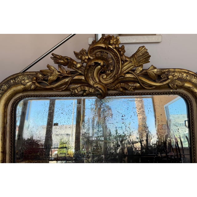 French 19th Century Large Vertical Gold Gilt Mirror with Floral crest For Sale - Image 18 of 18