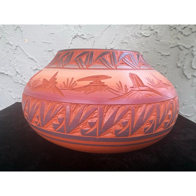 Native American Signed Native American Mesa Verde Pottery Carved Red Earth Vessel With Certificate of Authenticity For Sale - Image 3 of 9