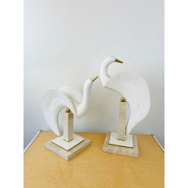 Vintage 1980s Pair of Tessellated Stone Bird Statues stylized bird figures creamy off white tessellated stone brass...