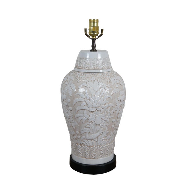 Chinoiserie 1972 Chapman Chinoiserie White Porcelain Floral Bird Relief Table Lamp For Sale - Image 3 of 12