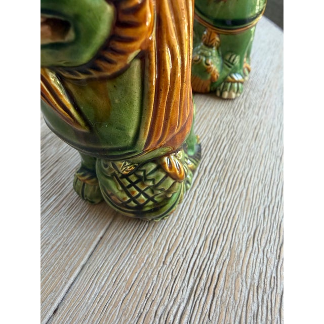 1950s Mid Century Petite Green Glazed Bisque Foo Dogs, a Pair For Sale - Image 5 of 8