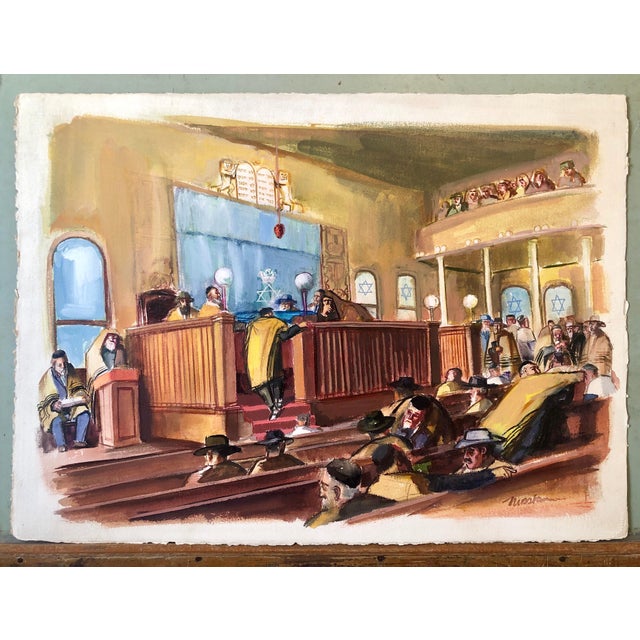 Modern Ervin B. Nussbaum, Modernist American Judaica Painting Synagogue Interior Ladies Section WPA Era For Sale - Image 3 of 11