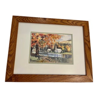 1997 Watercolor by Susan Mangano Thirolle of a Small Church & a House by the Water in Autumn For Sale