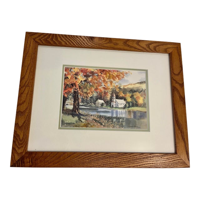 1997 Watercolor by Susan Mangano Thirolle of a Small Church & a House by the Water in Autumn For Sale