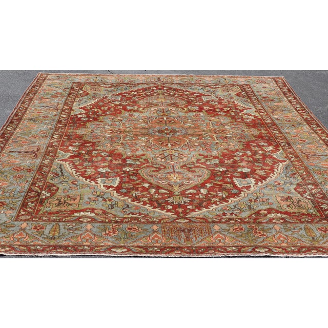 Tribal Antique Persian Bakhtiari Rug With Red Field and Blue Medallion Design For Sale - Image 3 of 16