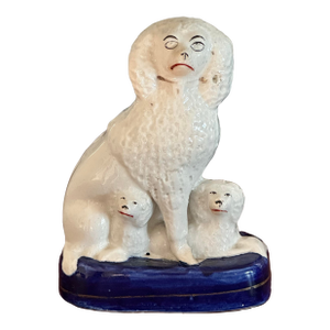 Antique Staffordshire Poodle With Puppies Dog Figurine With Pups