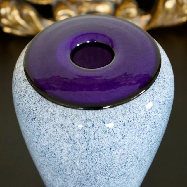 Striking signed Vitrix studio art glass vase from 1992, featuring a soft speckled white body accented by a rich purple...