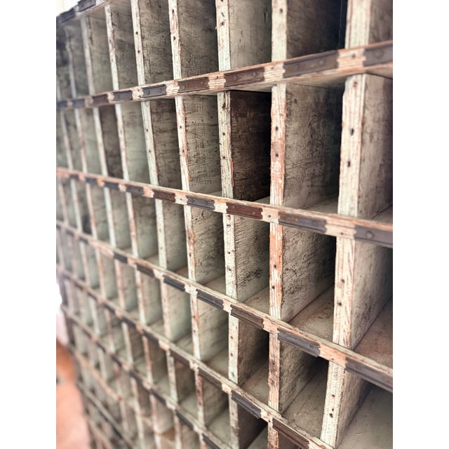 Early 20th Century Antique Industrial Wooden Printer’s Type Case Cabinet With 120 Compartments – Original Painted Finish For Sale - Image 5 of 6