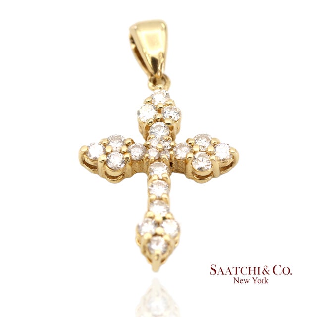 Gold 14k(585) Solid Yellow Gold Natural Diamond Cross Pendant For Sale - Image 8 of 10