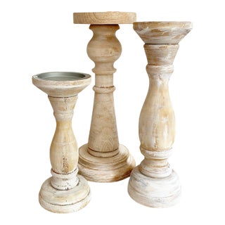 White Washed Shabby Chic Wooden Pillar Candle Holders - Set of 3 For Sale