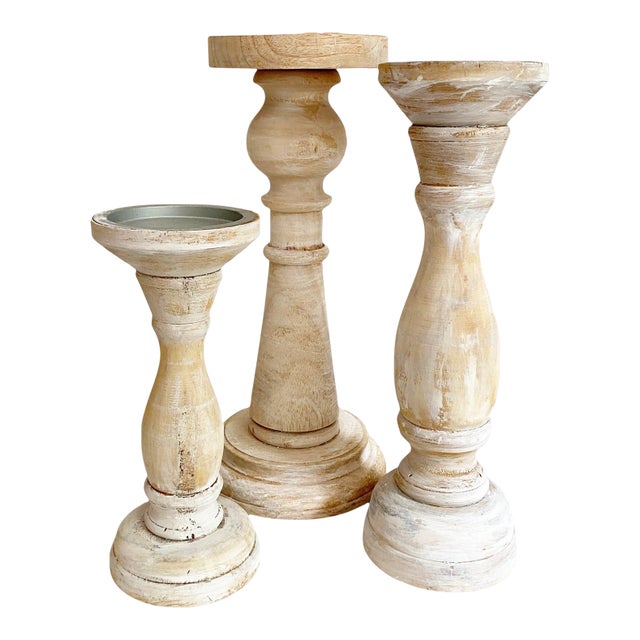 White Washed Shabby Chic Wooden Pillar Candle Holders - Set of 3 For Sale
