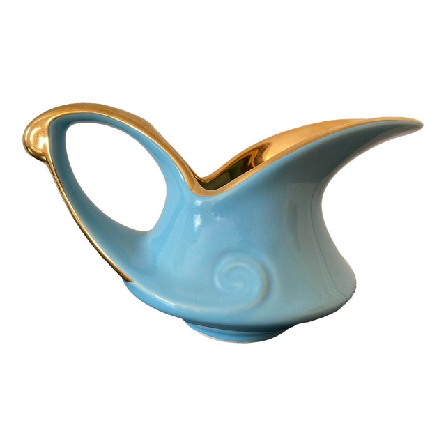 Vintage Mid 20th Century Modern Turquoise Blue and Gold Porcelain Creamer Pitcher For Sale