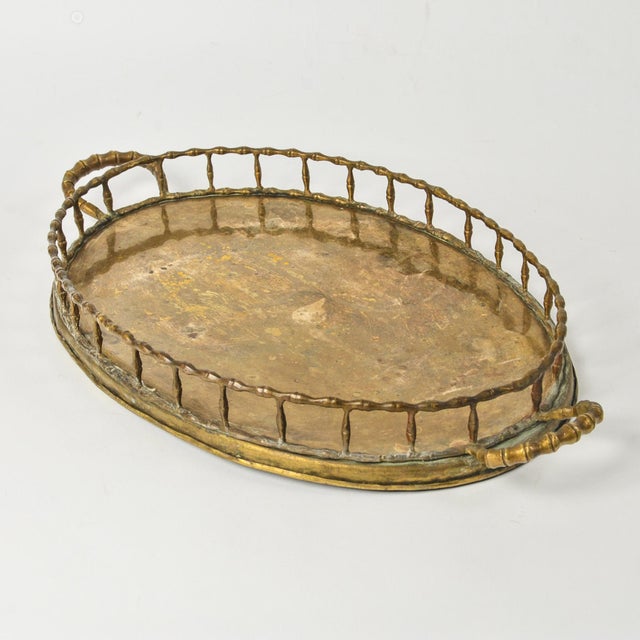 Large Vintage Brass Oval Bamboo Tray With Handles Decorative Serving Tray For Sale - Image 4 of 11