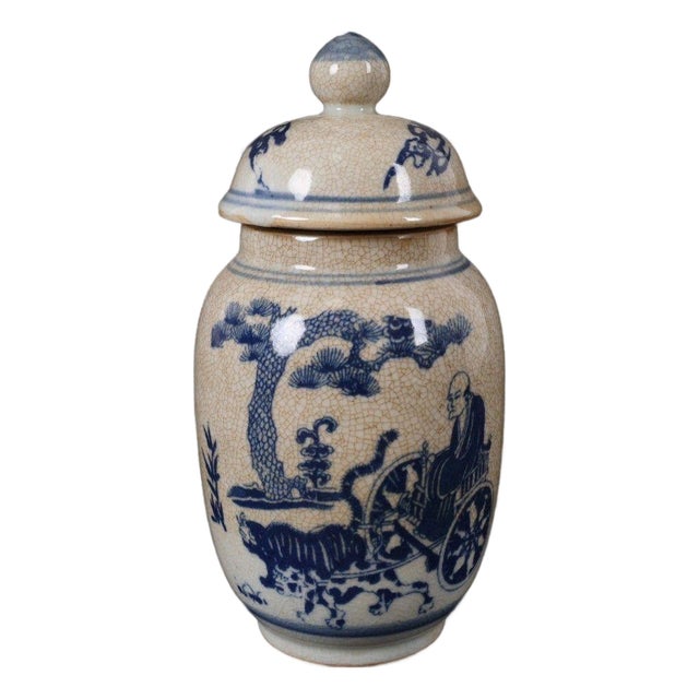 Chinoiserie Crackle Glaze Blue White Guigu Descending Mountain Figural Ginger Jar For Sale